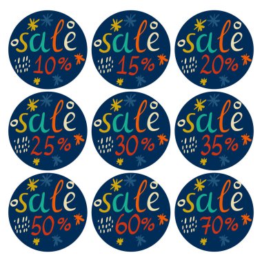 Şirin harfler% 10,% 15,% 20,% 25,% 30,% 35,% 50,% 60,% 70. Beyaz arka planda izole edilmiş. İndirim kartı, etiket, çıkartma. Vektör illüstrasyonu. 