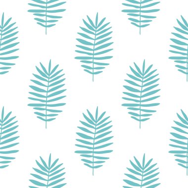 Beyaz üzerine mavi el çizilmiş palmiye yaprakları olan tropik bir arka plan. Tropik, pürüzsüz desen. Vektör illüstrasyonu. 