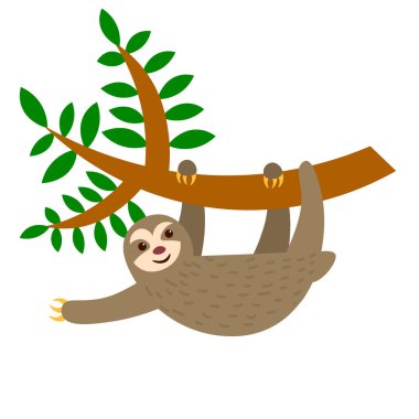 Cute sloth animal hanging on a tree branch in flat style isolated on white background. Vector illustration.  clipart