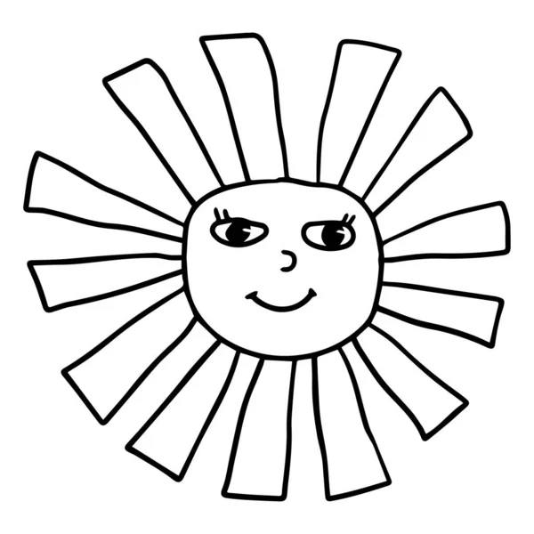 白い背景に隔離されたかわいい漫画の落書きの太陽の文字 ベクターイラスト — ストックベクタ
