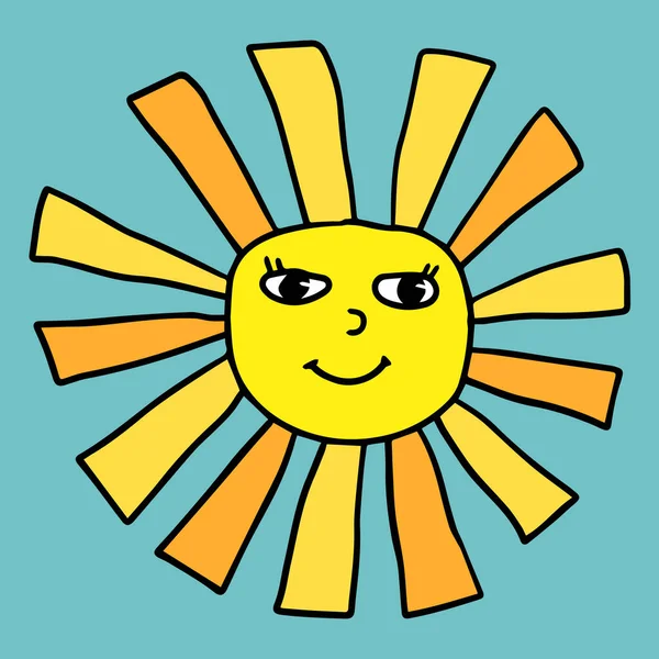 青い背景に隔離されたかわいい漫画の落書きの太陽の文字 ベクターイラスト — ストックベクタ