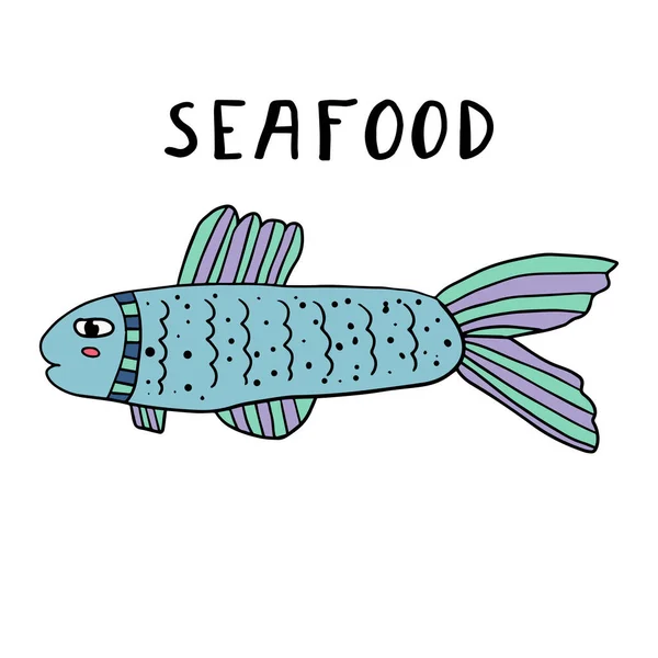 귀여운 물고기와 Seafood 손으로 배경에 — 스톡 벡터