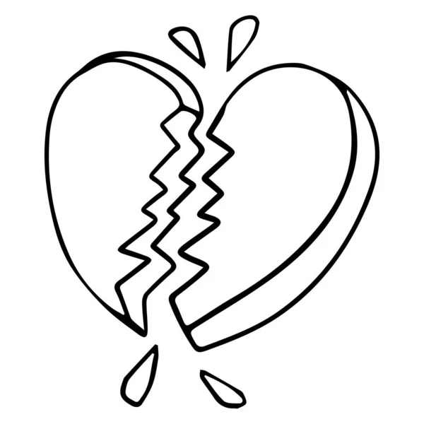 Cartoon Doodle Linear Broken Heart Isolated White Background Vector Illustration — Stock Vector
