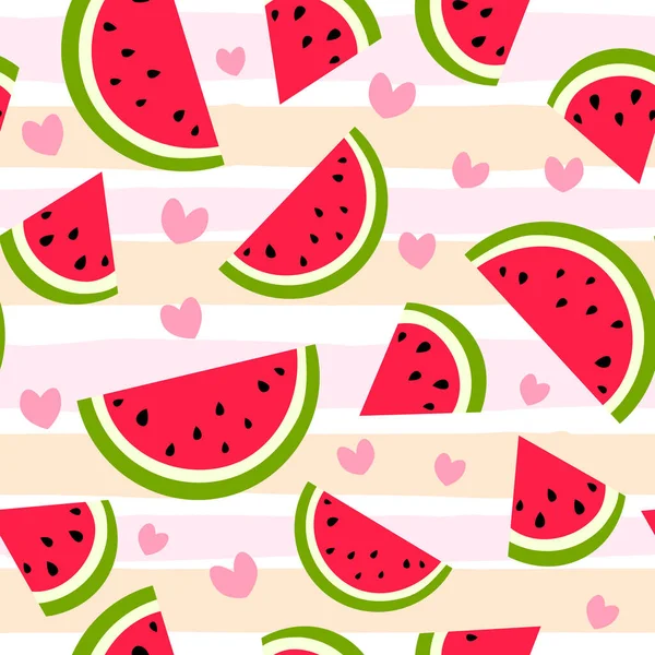 Cute Watermelon Slice Seamless Pattern Flat Style Fruit Striped Background — Stock Vector