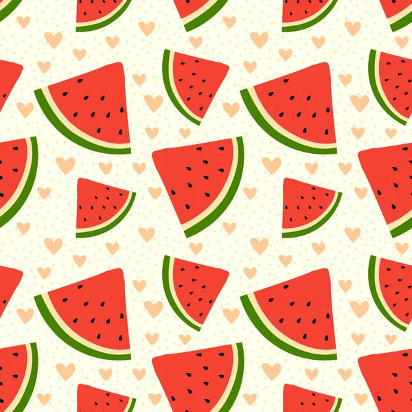 Cute Watermelon Slice Seamless Pattern Flat Style Fruit Dotted Background — Stock Vector