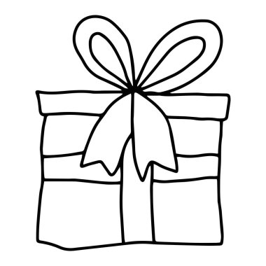 Kurdeleli ve beyaz arka planda izole edilmiş bir hediye ikonu. Renkli paketlenmiş hediye.  