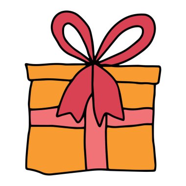 Kurdeleli ve beyaz arka planda izole edilmiş bir hediye ikonu. Renkli paketlenmiş hediye.  