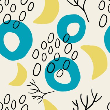 Sevimli çizgi film dağınık çiçekler, noktalar, şekiller kusursuz desenler. Modern geometrik şekiller arka plan.  