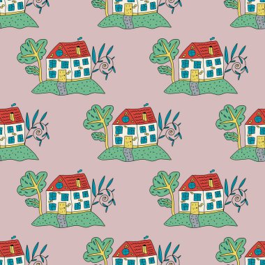 Güzel, pürüzsüz desenli, el çizimi evler, bahçeler, renkli arka planda ağaçlar.. 