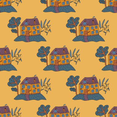 Güzel, pürüzsüz desenli, el çizimi evler, bahçeler, renkli arka planda ağaçlar.. 