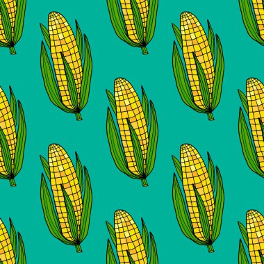 Şirin çizgi film. Yaprakları pürüzsüz taze mısır. Sebze arka planı. 