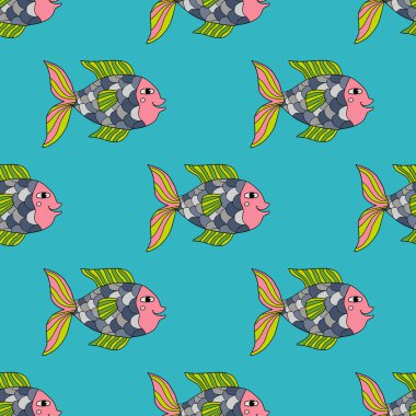 Elindeki şirin renkli karikatür altın balığı karalama stili dikişsiz desen çizmiş. Tropik okyanus yaşamı. Hayvan ambalaj kağıdı..  