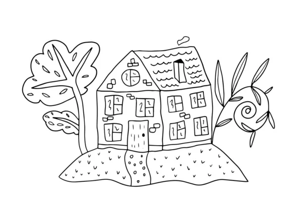 Nettes Handgezeichnetes Doodle Haus Mit Garten Bäume Isoliert Auf Weißem — Stockvektor