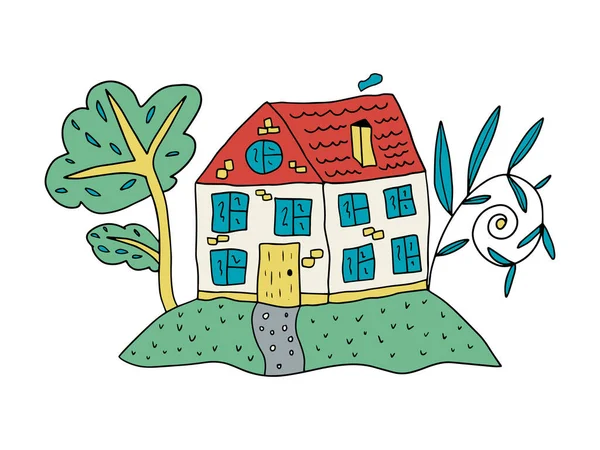 Nettes Handgezeichnetes Doodle Haus Mit Garten Bäume Isoliert Auf Weißem — Stockvektor