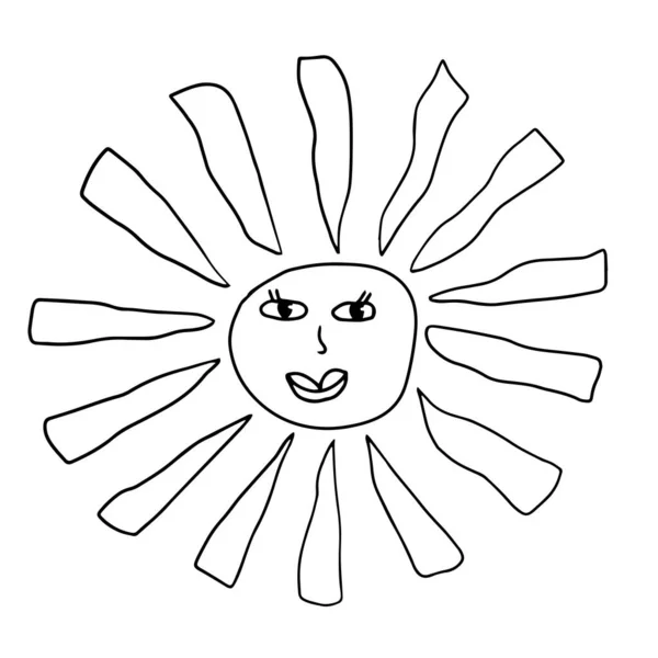 Cartoon Lineares Doodle Retro Happy Sun Isoliert Auf Weißem Hintergrund — Stockvektor