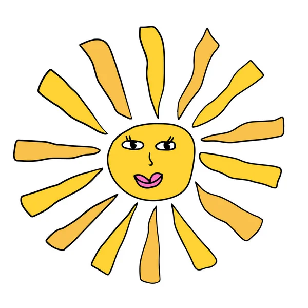 Cartoon Lineares Doodle Retro Happy Sun Isoliert Auf Weißem Hintergrund — Stockvektor