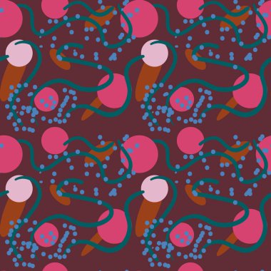 Karalama çizgileri ve geometrik arkaplanı olan soyut, dikişsiz desen. Vektör illüstrasyonu.