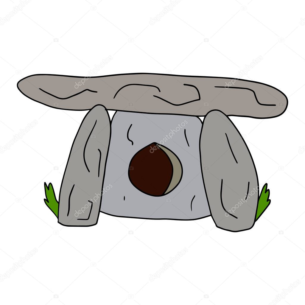 Cute cartoon doodle ancient stone dolmen isolated on white background. Prehistoric rock architecture. 