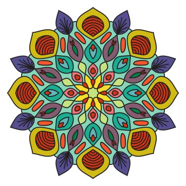 Tatlı Mandala. Süslü, yuvarlak karalama çiçeği beyaz arka planda izole edilmiş. Etnik doğu tarzında Geometrik dekoratif süs.