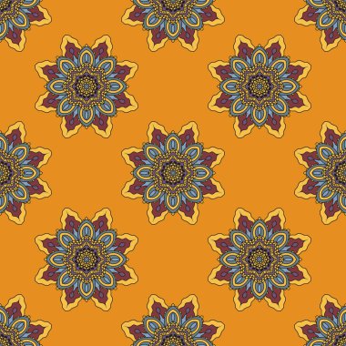 Mandala çiçeğiyle soyut, pürüzsüz desen. Mozaik, fayans, benek. Çiçek arka planı.