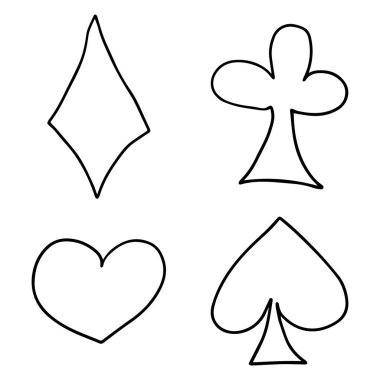 Beyaz arkaplanda izole edilmiş iskambil kağıtlarının, işaretlerin, sembollerin şirin karalama takımı.. 