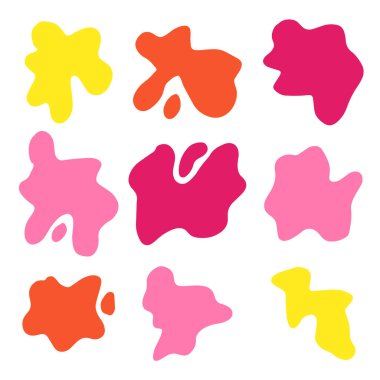 Beyaz arkaplanda izole edilmiş sıçrama simgeleri. Olaysız şekiller. Sevimli lekeler, yaratıcı lekeler, sıçramalar..