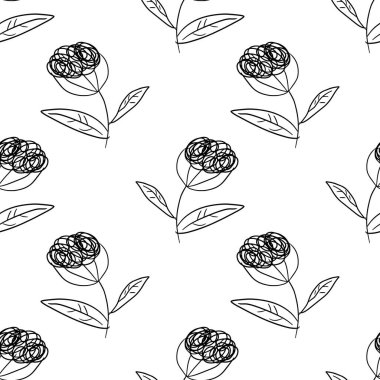 Güzel çizgi film benekli puantiyeli çiçekleri karalamalı, dikişsiz desenli. Çiçeksel çocuksu arka plan.