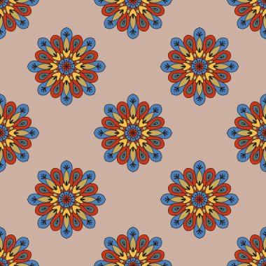 Mandala çiçeğiyle soyut, pürüzsüz desen. Mozaik, fayans, benek. Çiçek arka planı.