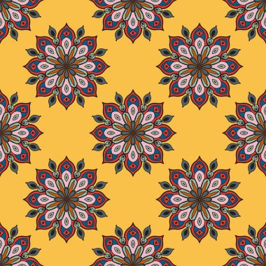 Mandala çiçeğiyle soyut, pürüzsüz desen. Mozaik, fayans, benek. Çiçek arka planı.