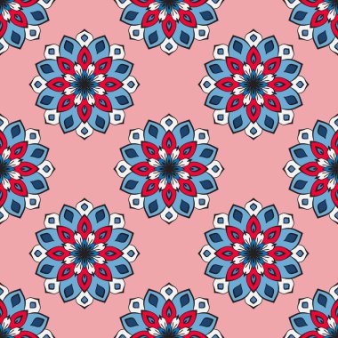 Mandala çiçeğiyle soyut, pürüzsüz desen. Mozaik, fayans, benek. Çiçek arka planı.