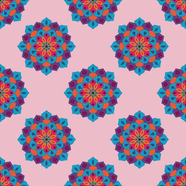 Mandala çiçeğiyle soyut, pürüzsüz desen. Mozaik, fayans, benek. Çiçek arka planı.