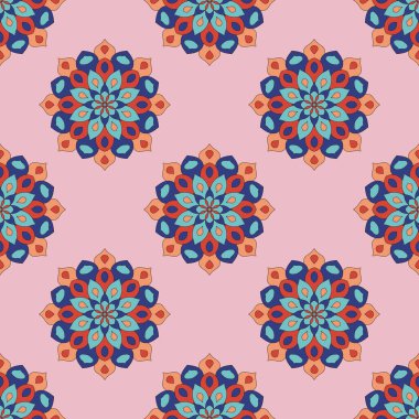 Mandala çiçeğiyle soyut, pürüzsüz desen. Mozaik, fayans, benek. Çiçek arka planı.