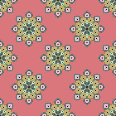 Mandala çiçeğiyle soyut, pürüzsüz desen. Mozaik, fayans, benek. Çiçek arka planı.