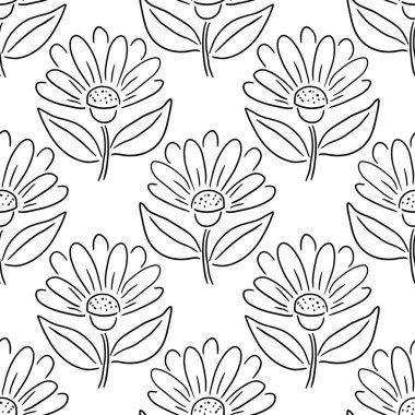 Güzel çizgi film benekli puantiyeli çiçekleri karalamalı, dikişsiz desenli. Çiçeksel çocuksu arka plan.