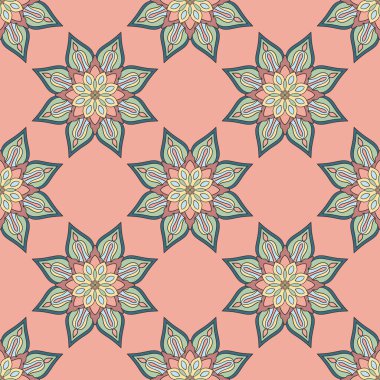 Mandala çiçeğiyle soyut, pürüzsüz desen. Mozaik, fayans, benek. Çiçek arka planı.