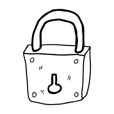 Çizgi film karalaması, beyaz arka planda izole edilmiş doğrusal asma kilit. Güvenlik konsepti simgesi. 