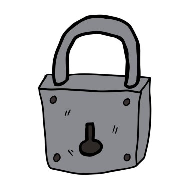 Çizgi film karalaması, beyaz arka planda izole edilmiş doğrusal asma kilit. Güvenlik konsepti simgesi. 