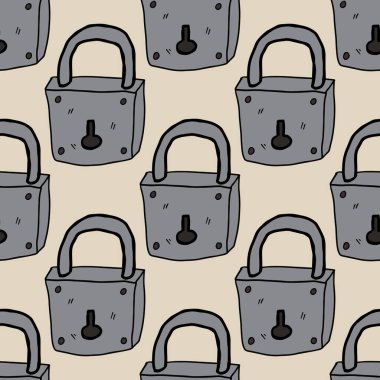 Çizgi film karalaması doğrusal, asma kilit dikişsiz desen. Güvenlik kavramının arka planı. 