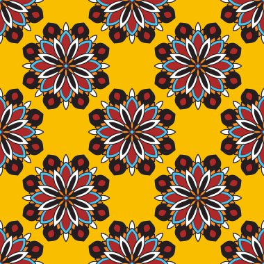 Mandala çiçeğiyle soyut, pürüzsüz desen. Mozaik, fayans. Çiçek arka planı.