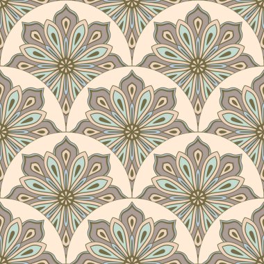 Soyut mandala balık pulu pürüzsüz desen. Süslü fayans, mozaik arka plan. Çiçek işi sonsuz kart. Arapça, Hintçe, sedir motifleri.