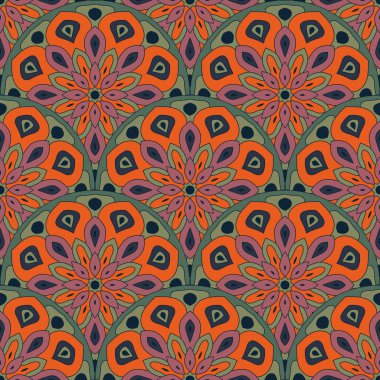 Soyut mandala balık pulu pürüzsüz desen. Süslü fayans, mozaik arka plan. Çiçek işi sonsuz kart. Arapça, Hintçe, sedir motifleri.