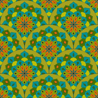 Soyut mandala balık pulu pürüzsüz desen. Süslü fayans, mozaik arka plan. Çiçek işi sonsuz kart. Arapça, Hintçe, sedir motifleri.
