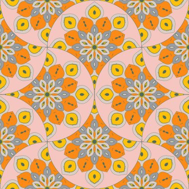 Soyut mandala balık pulu pürüzsüz desen. Süslü fayans, mozaik arka plan. Çiçek işi sonsuz kart. Arapça, Hintçe, sedir motifleri.