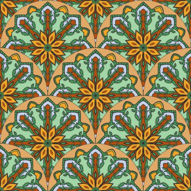 Soyut mandala balık pulu pürüzsüz desen. Süslü fayans, mozaik arka plan. Çiçek işi sonsuz kart. Arapça, Hintçe, sedir motifleri.