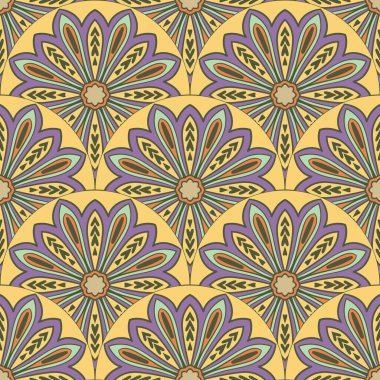 Soyut mandala balık pulu pürüzsüz desen. Süslü fayans, mozaik arka plan. Çiçek işi sonsuz kart. Arapça, Hintçe, sedir motifleri.