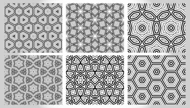 Soyut fantezi ince çizgi altıgen, üçgen geometrik dikişsiz desen seti. Yaratıcı mozaik, fayans arkaplan.
