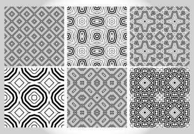 Soyut fantezi ince çizgi altıgen, üçgen geometrik dikişsiz desen seti. Yaratıcı mozaik, fayans arkaplan.