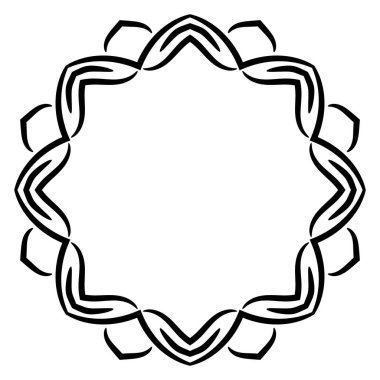 Soyut karalama, kıvrımlı ince çizgi, yuvarlak çerçeve, beyaz arkaplanda izole edilmiş. Mandala sınırı. 