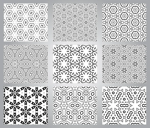 Set Abstracte Fantasie Dunne Lijn Zeshoek Driehoek Geometrische Naadloze Patronen — Stockvector