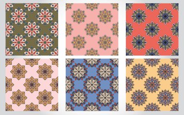 Mandala çiçekleri ile soyut, pürüzsüz desenler. Mozaik, fayans, polka nokta çiçek arkaplan koleksiyonu.